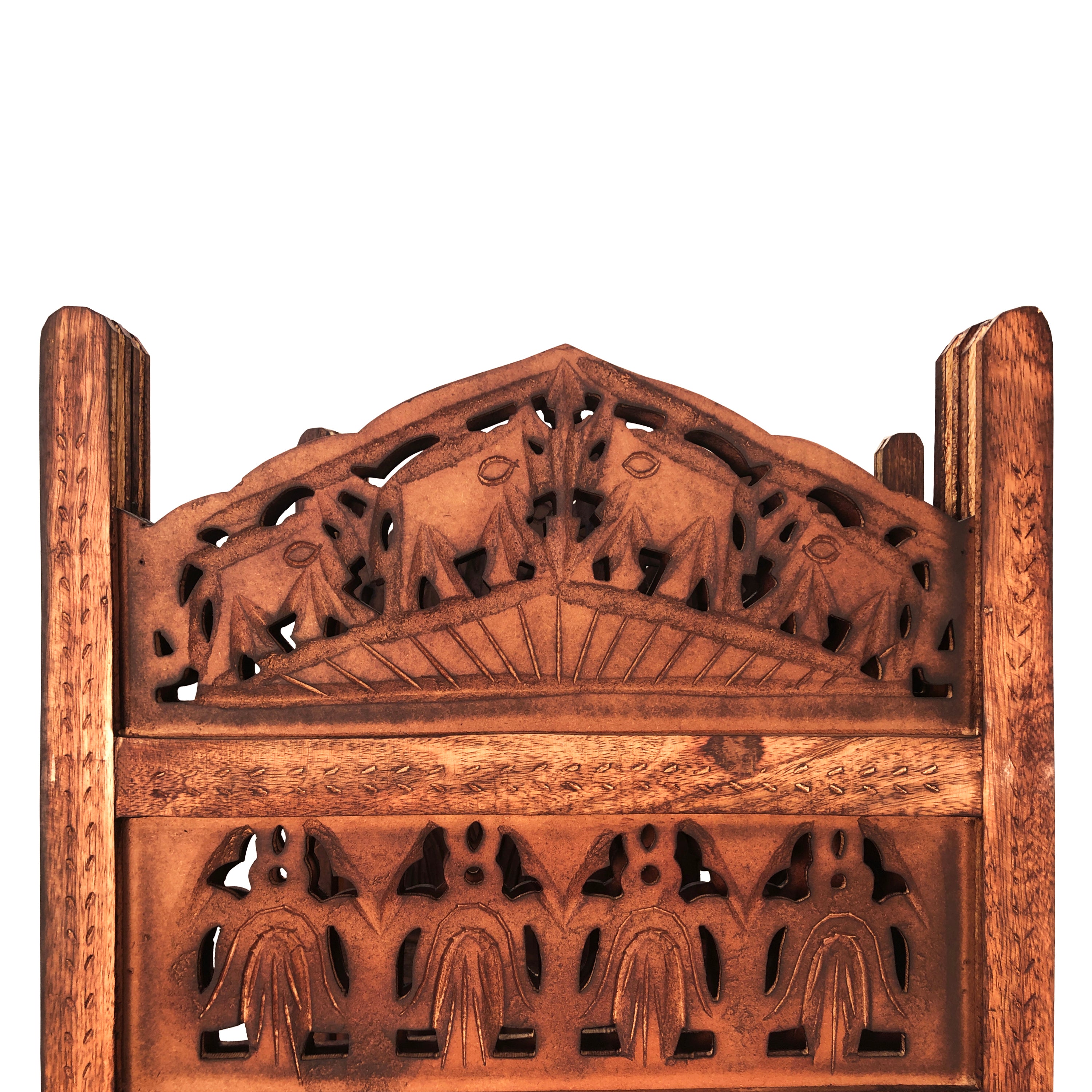 80 Inch Handcrafted 4 Panel Carved Wood Room Divider Screen, Intricate Cutout Details, Brown-zoom-4
