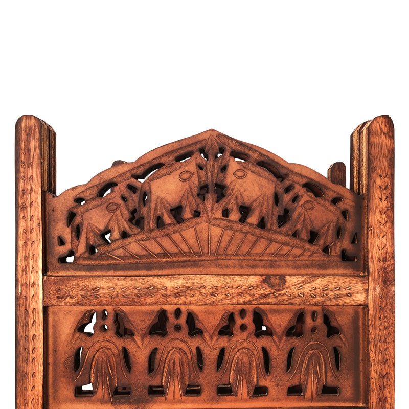 80 Inch Handcrafted 4 Panel Carved Wood Room Divider Screen, Intricate Cutout Details, Brown-zoom-