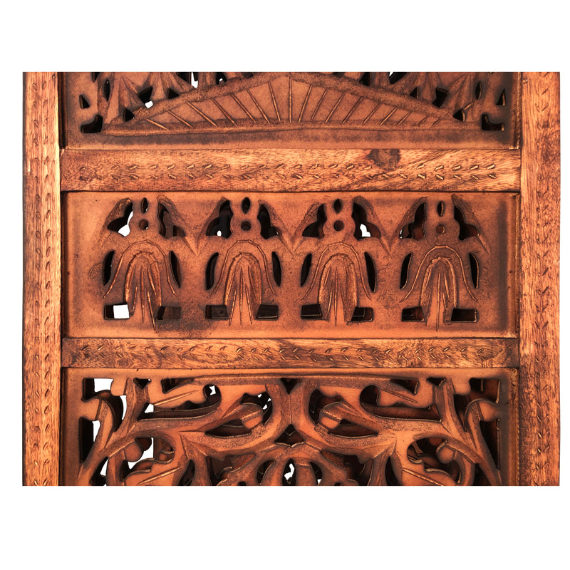 80 Inch Handcrafted 4 Panel Carved Wood Room Divider Screen, Intricate Cutout Details, Brown-zoom-