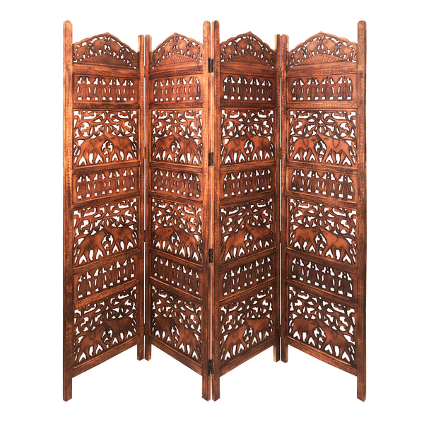 80 Inch Handcrafted 4 Panel Carved Wood Room Divider Screen, Intricate Cutout Details, Brown
