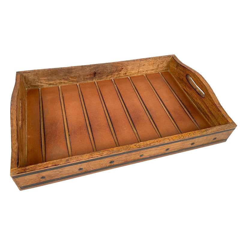 18 Inch Handcrafted Rectangular Mango Wood Decorative Serving Tray Rivet Accents Metal Trim Natural Brown-zoom-