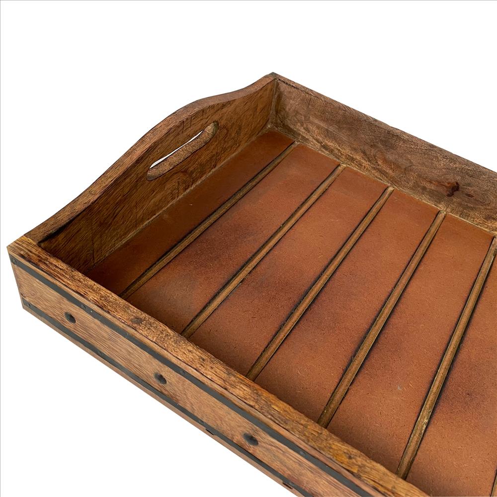 18 Inch Handcrafted Rectangular Mango Wood Decorative Serving Tray Rivet Accents Metal Trim Natural Brown-zoom-4