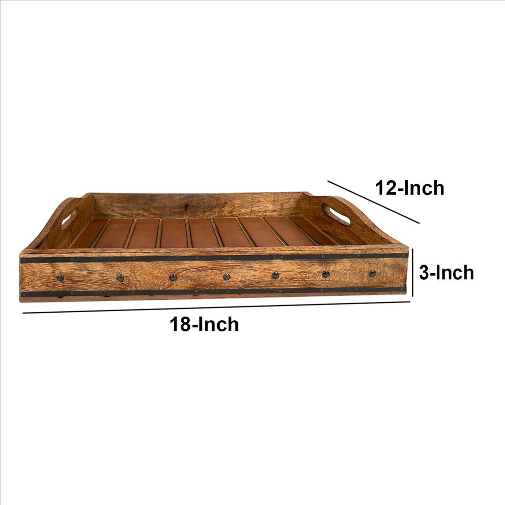 18 Inch Handcrafted Rectangular Mango Wood Decorative Serving Tray Rivet Accents Metal Trim Natural Brown-zoom-3