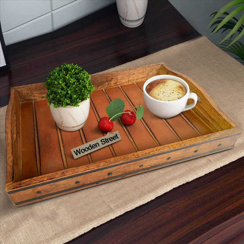 18 Inch Handcrafted Rectangular Mango Wood Decorative Serving Tray Rivet Accents Metal Trim Natural Brown-zoom-
