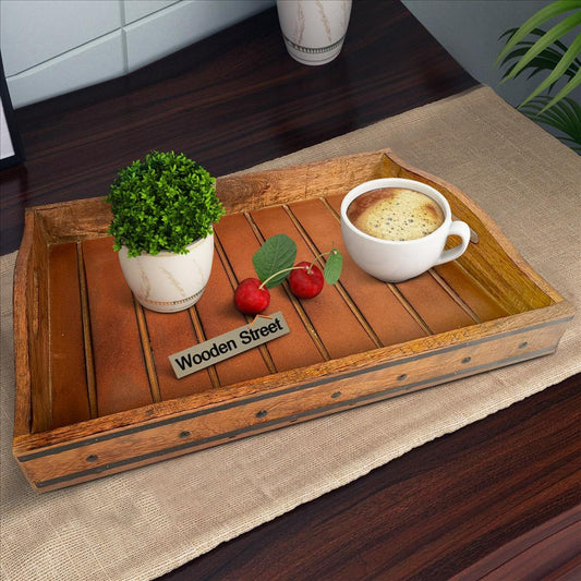 18 Inch Handcrafted Rectangular Mango Wood Decorative Serving Tray Rivet Accents Metal Trim Natural Brown