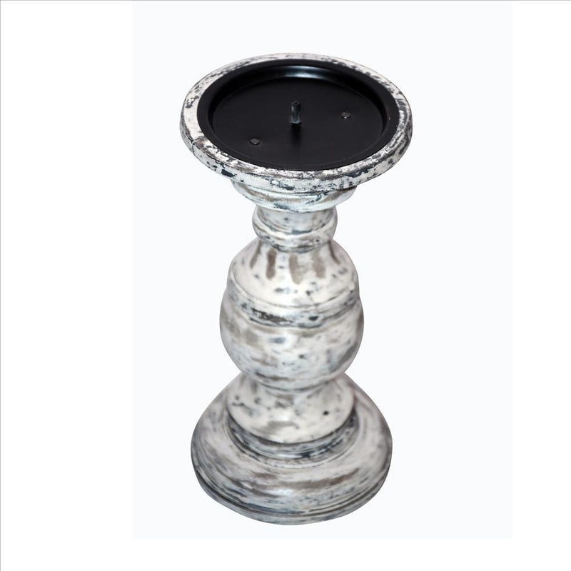 Wooden Candleholder With Turned Pedestal Base Set Of 3 Distressed White And Black-zoom-