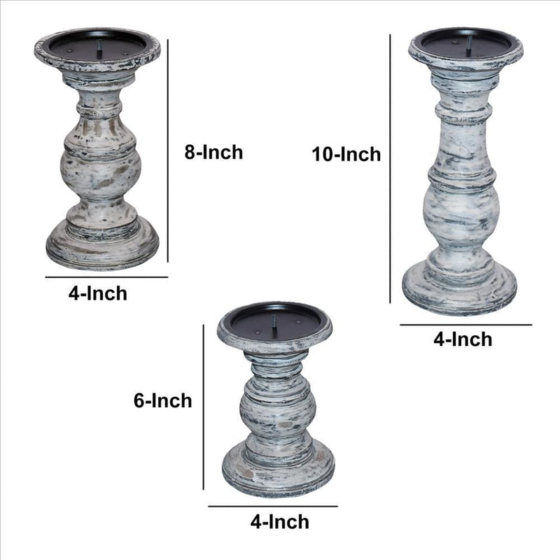 Wooden Candleholder With Turned Pedestal Base Set Of 3 Distressed White And Black-zoom-