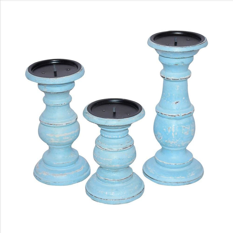 Wooden Candleholder With Turned Pedestal Base Set Of 3 Distressed Blue-zoom-