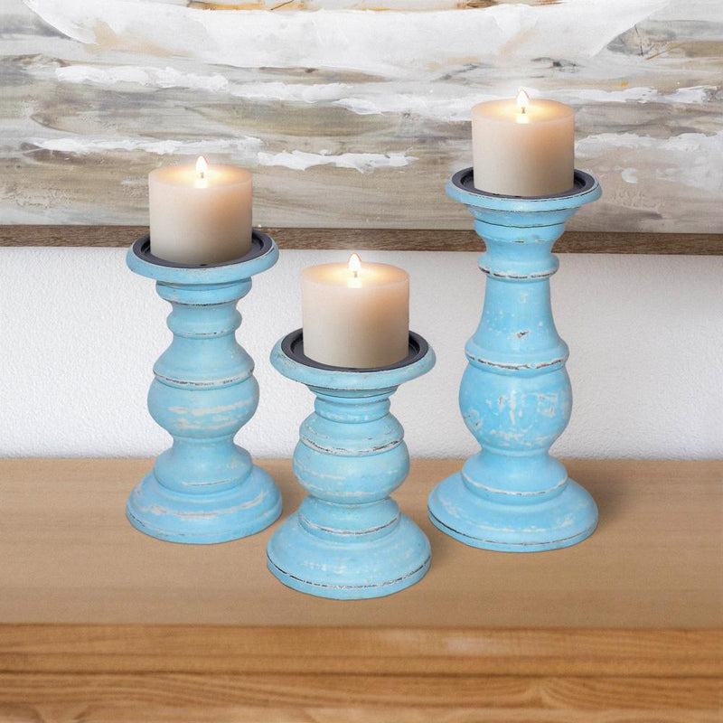 Wooden Candleholder With Turned Pedestal Base Set Of 3 Distressed Blue-zoom-