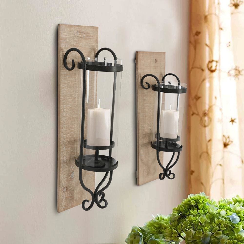 21 Inch Industrial Wall Mount Wood Candle Holder With Glass Hurrican Set Of 2 Black-zoom-1