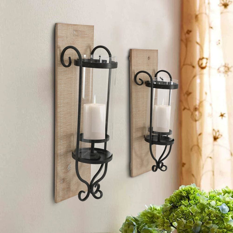 21 Inch Industrial Wall Mount Wood Candle Holder With Glass Hurrican Set Of 2 Black-zoom-