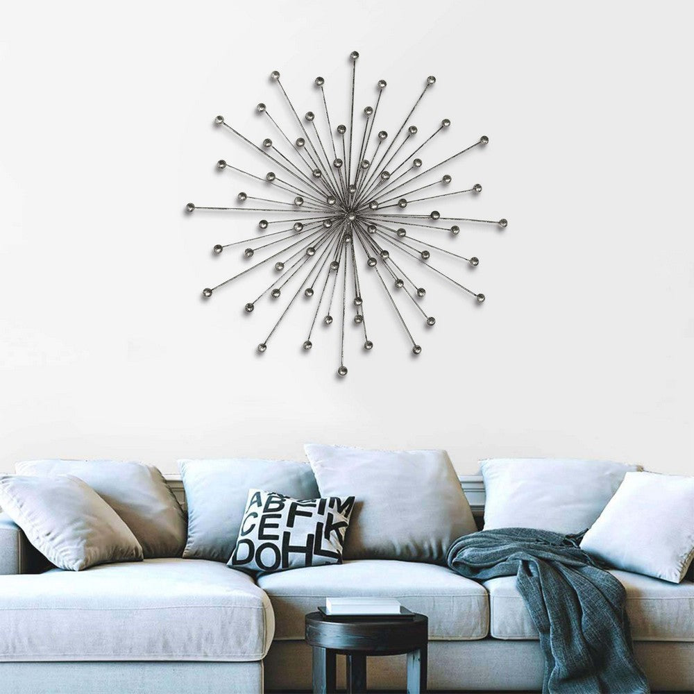 28 Inch Round Iron Sunburst Wall Decor Spokes Ball Accent Silver