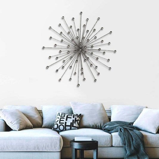 28 Inch Round Iron Sunburst Wall Decor Spokes Ball Accent Silver