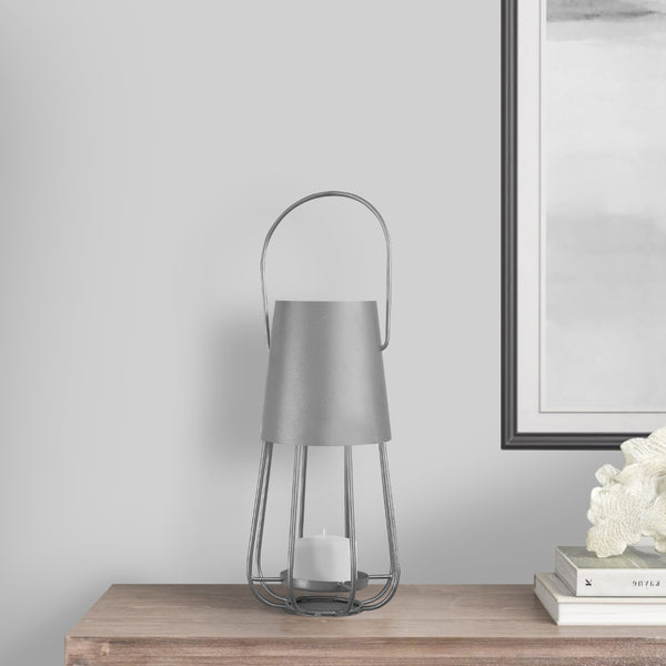 Ambient 12 Inch Vintage Style Iron Candle Stand Lantern Sleek Curved Handle Metallic Silver-zoom-2