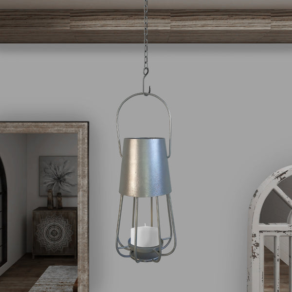 Ambient 12 Inch Vintage Style Iron Candle Stand Lantern Sleek Curved Handle Metallic Silver-zoom-1