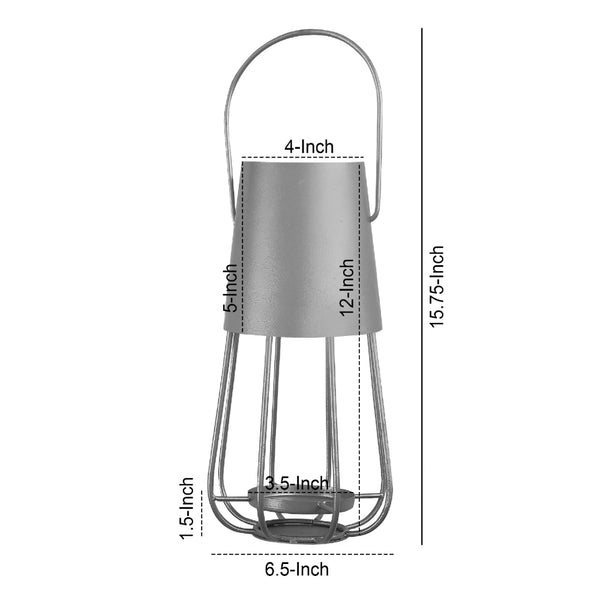 Ambient 12 Inch Vintage Style Iron Candle Stand Lantern Sleek Curved Handle Metallic Silver-zoom-4