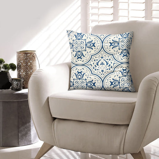 17 X 17 Inch Decorative Square Cotton Accent Throw Pillow With Classic Damask Print Blue And White