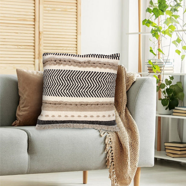 18 X 18 Square Cotton Bohemian Style Decorative Accent Throw Pillow With Herringbone Pattern Beige Black-zoom-