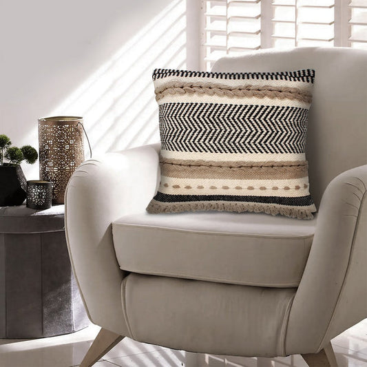 18 X 18 Square Cotton Bohemian Style Decorative Accent Throw Pillow With Herringbone Pattern Beige Black