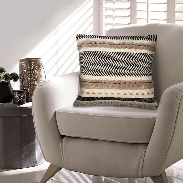 18 X 18 Square Cotton Bohemian Style Decorative Accent Throw Pillow With Herringbone Pattern Beige Black