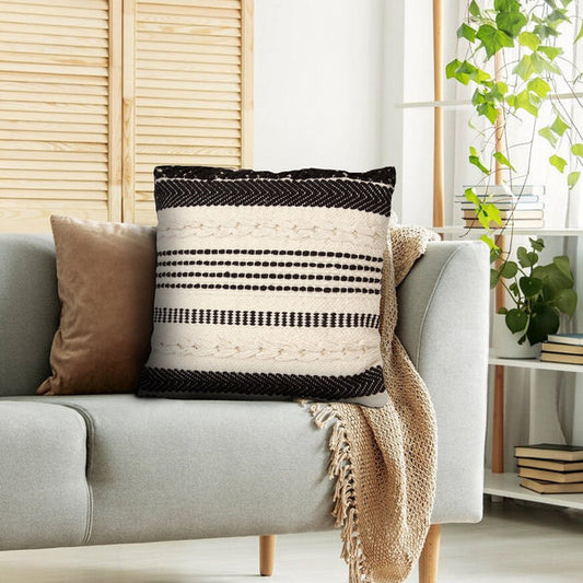 18 X 18 Square Cotton Decor Accent Throw Pillow Herringbone Design Embroidery Cream Black