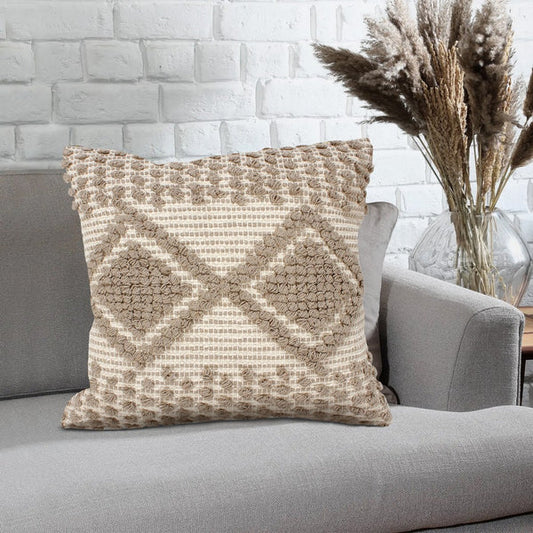 18 X 18 Square Cotton Decorative Accent Throw Pillow Raised Diamond Embroidery Beige