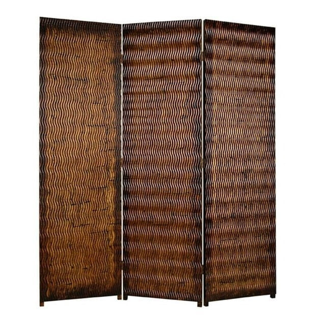 Dual Tone 3 Panel Wooden Foldable Room Divider with Wavy Design, Brown-zoom-
